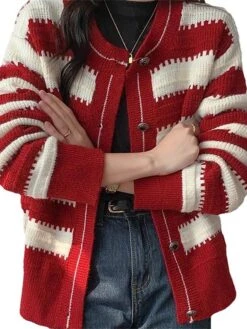 Women's Ugly Christmas Sweater Cardigan Sweater Jacket Crew Neck Ribbed Knit Wool Button Knitted Fall Winter Regular Outdoor Christmas Daily Stylish Casual Soft Long Sleeve Color Block Striped Black