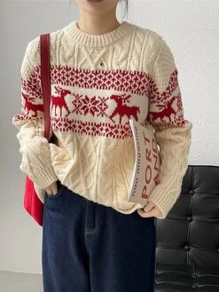 Women's Ugly Christmas Sweater Pullover Sweater Jumper Christmas Sweaters Crew Neck Cable Knit Acrylic Knitted Fall Winter Regular Outdoor Christmas Daily Fashion Casual Soft Long Sleeve Elk Snowflake