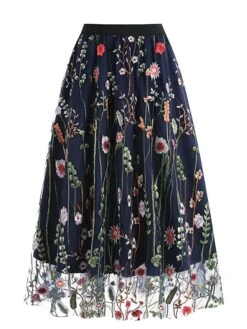Women's Skirt Swing Midi Tulle Apricot Black White Red Skirts Fall & Winter Floral Embroidered High Waist Vintage Elegant Christmas Xmas Street M L XL -Xmas Cothing Store bcsbub1694271032194