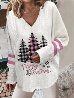 Women's Pullover Sweater Jumper V Neck Crochet Knit Polyester Print Fall Winter Christmas Weekend Casual Soft Long Sleeve Xmas Tree Pink Red Green S M L