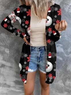 Women's Cardigan Sweater Open Front Ribbed Knit Polyester Button Fall Winter Short Christmas Daily Going Out Stylish Casual Soft Long Sleeve Elk Snowman Xmas Tree Blue Snowman Red Cat Black -Xmas Cothing Store bcyzfj1695262429695