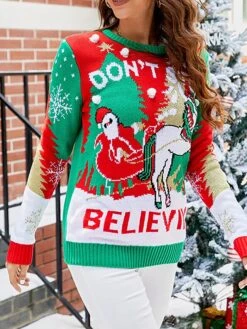 Women's Ugly Christmas Sweater Pullover Sweater Jumper Crew Neck Ribbed Knit Acrylic Patchwork Fall Winter Regular Xmas Daily Going Out Stylish Casual Soft Long Sleeve Animal Elk Snowman Black -Xmas Cothing Store bdvxpg1695029179895