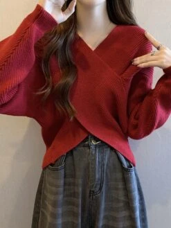 Women's CroppedSweater Pullover Sweater Jumper V Neck Ribbed Knit Polyester Knitted Fall Winter Short Outdoor Christmas Daily Stylish Casual Soft Long Sleeve Solid Color Black Pink Red S M L -Xmas Cothing Store bdxkzg1697290897187