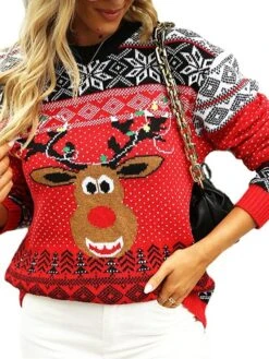 Women's Ugly Christmas Sweater Pullover Sweater Jumper Crew Neck Ribbed Knit Nylon Knitted Fall Winter Outdoor Xmas Daily Stylish Casual Soft Long Sleeve Animal Geometric Snowflake Red S M L -Xmas Cothing Store bebfvz1666677208435