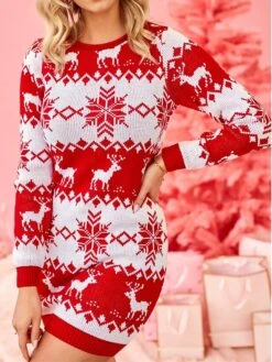 Women's Ugly Christmas Sweater Sweater Dress Christmas Sweaters Crew Neck Ribbed Knit Polyester Knitted Fall Winter Long Outdoor Christmas Daily Stylish Casual Soft Long Sleeve Elk Snowflake Red S M L