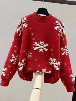 Women's Ugly Christmas Sweater Pullover Sweater Jumper Stand Collar Ribbed Knit Nylon Patchwork Fall Winter Regular Outdoor Christmas Daily Stylish Casual Soft Long Sleeve Snowflake Black Red One-Size
