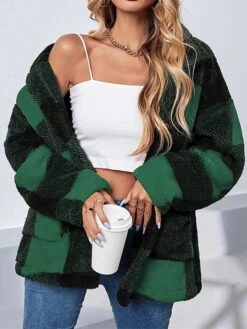 Women's Fleece Sherpa Jacket Teddy Coat Christmas Plaid Winter Coat Windproof Warm Jacket With Pocket Single Breasted Outerwear Long Sleeve -Xmas Cothing Store bgusts1696170465199