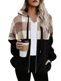 Women's Winter Sherpa Jacket Christmas Plaid Fleece Teddy Coat With Hood Fall Zipper Coat Warm Windproof Stylish Casual Street Xmas Jacket Long Sleeve