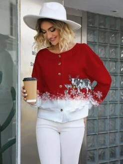 Women's Ugly Christmas Crew Neck Sweater Cardigan Sweater JacketRibbed Knit Polyester Button Knitted Print Fall Winter Short Outdoor Xmas Holiday Daily Stylish Casual Long Sleeve Animal -Xmas Cothing Store bjmsrz1697291420881