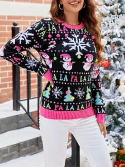 Women's Pullover Sweater Jumper Crew Neck Chunky Knit Acrylic Patchwork Drop Shoulder Fall Winter Regular Party Christmas Work Stylish Casual Long Sleeve Snowflake Black S M L -Xmas Cothing Store bkmqxw1694515377597