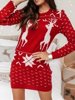 Women's Sweater Dress Crew Neck Ribbed Knit Acrylic Patchwork Fall Winter Long Christmas Daily Going Out Xmas Stylish Casual Soft Long Sleeve Elk Snowflake Red S M L -Xmas Cothing Store bmlfvn1694777353989