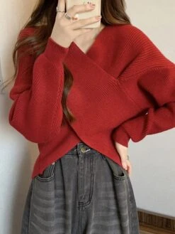 Women's CroppedSweater Pullover Sweater Jumper V Neck Ribbed Knit Polyester Knitted Fall Winter Short Outdoor Christmas Daily Stylish Casual Soft Long Sleeve Solid Color Black Pink Red S M L -Xmas Cothing Store bnczbc1697290898970