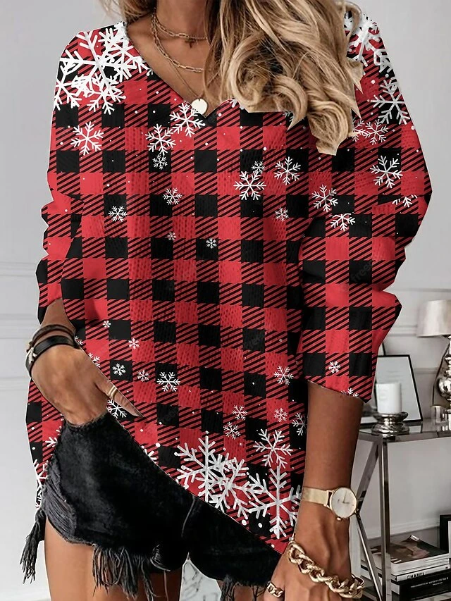 Women's Pullover Sweater Jumper V Neck Crochet Knit Polyester Print Drop Shoulder Summer Spring Fall Regular Christmas Daily Stylish Casual Soft Long Sleeve Xmas Tree Print Snowflake Red Brown 3 Women's Pullover Sweater Jumper V Neck Crochet Knit Polyester Print Drop Shoulder Summer Spring Fall Regular Christmas Daily Stylish Casual Soft Long Sleeve Xmas Tree Print Snowflake Red Brown