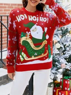 Women's Ugly Christmas Sweater Pullover Sweater Jumper Turtleneck Ribbed Knit Acrylic Patchwork Fall Winter Regular Xmas Daily Going Out Stylish Casual Soft Long Sleeve Santa Claus Black Red S M -Xmas Cothing Store bnmxwv1695029180327