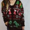 Women's Cardigan Christmas Sweaters V Neck Chunky Knit Polyester Button Knitted Spring Fall Winter Long Christmas Daily New Year Fashion Daily Vintage Style Long Sleeve Christmas Tree Snowflake Black -Xmas Cothing Store boeiee1697539819644