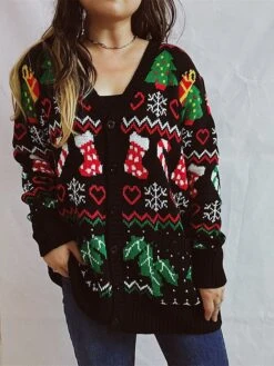Women's Cardigan Christmas Sweaters V Neck Chunky Knit Polyester Button Knitted Spring Fall Winter Long Christmas Daily New Year Fashion Daily Vintage Style Long Sleeve Christmas Tree Snowflake Black