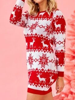 Women's Ugly Christmas Sweater Sweater Dress Christmas Sweaters Crew Neck Ribbed Knit Polyester Knitted Fall Winter Long Outdoor Christmas Daily Stylish Casual Soft Long Sleeve Elk Snowflake Red S M L -Xmas Cothing Store bolytv1697290886832