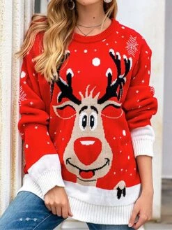 Women's Ugly Christmas Sweater Pullover Sweater Jumper Crew Neck Ribbed Knit Polyester Patchwork Fall Winter Regular Xmas Daily Going Out Stylish Casual Soft Long Sleeve Elk Snowflake Black Red -Xmas Cothing Store bomtmh1695209492939