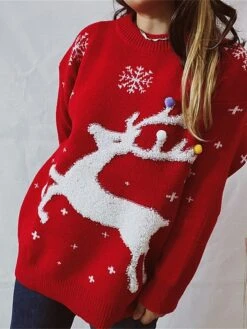 Women's Ugly Christmas Sweater Pullover Sweater Jumper Crew Neck Ribbed Knit Polyester Oversized Fall Winter Regular Outdoor Christmas Daily Stylish Casual Soft Long Sleeve Elk Snowflake Red Blue -Xmas Cothing Store bopsei1696903384875