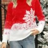 Women's Pullover Sweater Jumper Crew Neck Ribbed Knit Acrylic Oversized Fall Winter Short Christmas Daily Going Out Xmas Stylish Casual Soft Long Sleeve Snowflake Pink Red Blue S M L