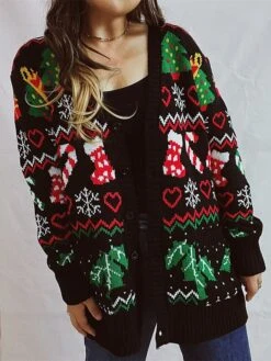 Women's Cardigan Christmas Sweaters V Neck Chunky Knit Polyester Button Knitted Spring Fall Winter Long Christmas Daily New Year Fashion Daily Vintage Style Long Sleeve Christmas Tree Snowflake Black -Xmas Cothing Store bppptk1697539821275