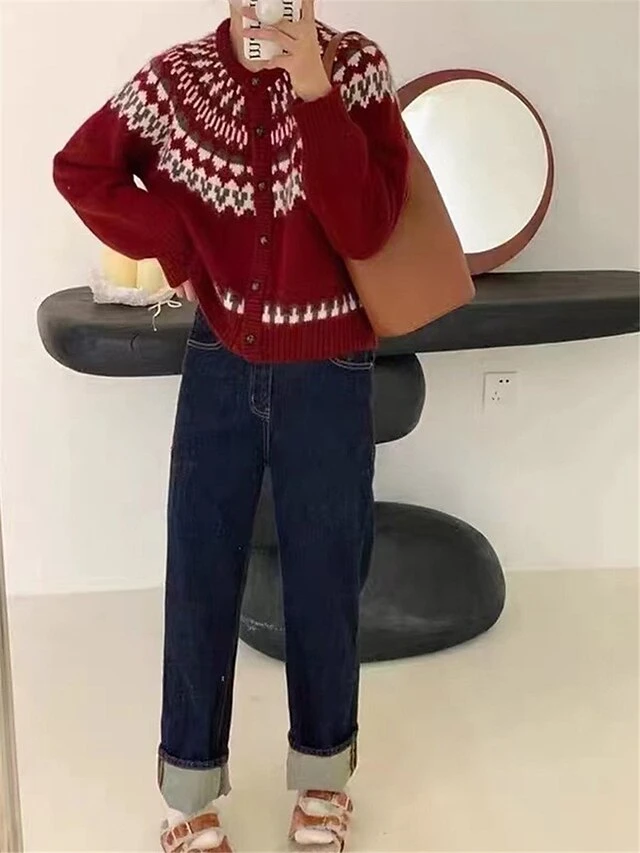 Women's Ugly Christmas Sweater Cardigan Sweater Crew Neck Ribbed Knit Rayon Patchwork Button Fall Winter Xmas Daily Going Out Stylish Casual Soft Long Sleeve Geometric Color Block Red Navy Blue 6 Women's Ugly Christmas Sweater Cardigan Sweater Crew Neck Ribbed Knit Rayon Patchwork Button Fall Winter Xmas Daily Going Out Stylish Casual Soft Long Sleeve Geometric Color Block Red Navy Blue - Image 4