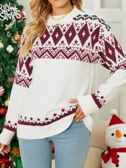 Women's Ugly Christmas Sweater Pullover Sweater Jumper Turtleneck Ribbed Knit Acrylic Knitted Fall Winter Xmas Holiday Stylish Casual Soft Long Sleeve Geometric Red Beige S M L -Xmas Cothing Store brcnhs1665489478024