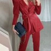 Women's Blazer Suits Velvet Christmas 2 Piece Blazer & Pants Party Wear Office Work Xmas Casual Jakcet Single Breasted Coat With Belt Fashion Street Wear -Xmas Cothing Store brfdfz1690534878670