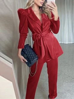 Women's Blazer Suits Velvet Christmas 2 Piece Blazer & Pants Party Wear Office Work Xmas Casual Jakcet Single Breasted Coat With Belt Fashion Street Wear