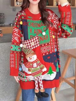 Women's Ugly Christmas Sweater Pullover Sweater Jumper Crew Neck Ribbed Knit Acrylic Embroidered Pocket Knitted Fall Winter Outdoor Xmas Daily Stylish Casual Soft Long Sleeve Santa Claus Snowman