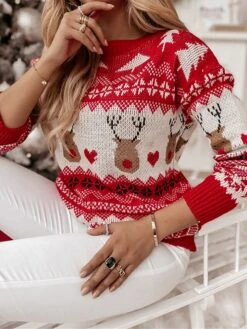 Women's Ugly Christmas Sweater Pullover Sweater Jumper Crew Neck Ribbed Knit Polyester Oversized Fall Winter Xmas Daily Going Out Stylish Casual Soft Long Sleeve Geometric Elk Christmas Tree Red