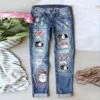 Women's Jeans Distressed Jeans Denim Blue Fashion Christmas Xmas Street Casual Side Pockets Baggy Micro-elastic Full Length Comfort Santa Claus S M L XL XXL / Cut Out / Ripped / Print -Xmas Cothing Store bskwbu1666250959741