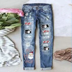 Women's Jeans Distressed Jeans Denim Blue Fashion Christmas Xmas Street Casual Side Pockets Baggy Micro-elastic Full Length Comfort Santa Claus S M L XL XXL / Cut Out / Ripped / Print