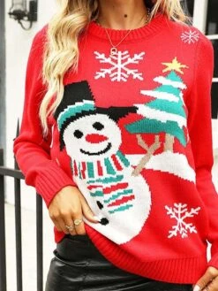 Women's Ugly Christmas Sweater Pullover Sweater Jumper Crew Neck Ribbed Knit Acrylic Knitted Fall Winter Outdoor Xmas Holiday Stylish Casual Soft Long Sleeve Snowman Christmas Tree Snowflake Red -Xmas Cothing Store btjoau1667811496666
