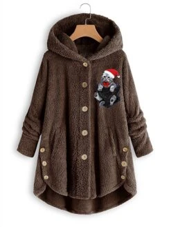 Women‘s Plus Size Christmas Fleece Jacket Teddy Coat Warm Button Pocket Animal Cat Hat Outdoor Xmas Long Sleeve Hooded Regular Winter Fall Black Pink Wine L XL XXL 3XL 4XL -Xmas Cothing Store bufhyi1667466893623