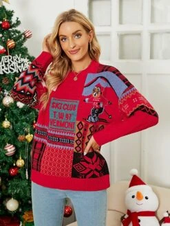 Women's Pullover Sweater Jumper Crew Neck Chunky Knit Acrylic Polyester Print Spring Fall Winter Tunic Christmas Daily New Year Xmas Stylish Casual Long Sleeve Color Block Snowflake Red Beige S M L -Xmas Cothing Store buygxq1693896437443