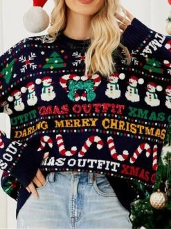 Women's Ugly Christmas Sweater Pullover Sweater Jumper Crew Neck Ribbed Knit Acrylic Oversized Fall Winter Regular Outdoor Xmas Daily Stylish Casual Soft Long Sleeve Letter Snowman Christmas Tree -Xmas Cothing Store buyivf1695111135118