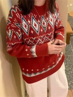 Women's Ugly Christmas Sweater Cardigan Sweater Crew Neck Ribbed Knit Knit Patchwork Oversized Fall Winter Regular Outdoor Christmas Daily Stylish Vintage Style Casual Long Sleeve Geometric Red Beige -Xmas Cothing Store buyoyo1696903365190