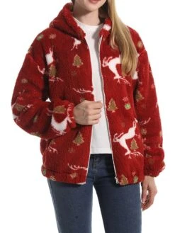 Women's Fleece Sherpa Jacket Christmas Xmas Teddy Bear Coat Windproof Warm Winter Coat Comtemporary Stylish Plush Jacket Long Sleeve Elk