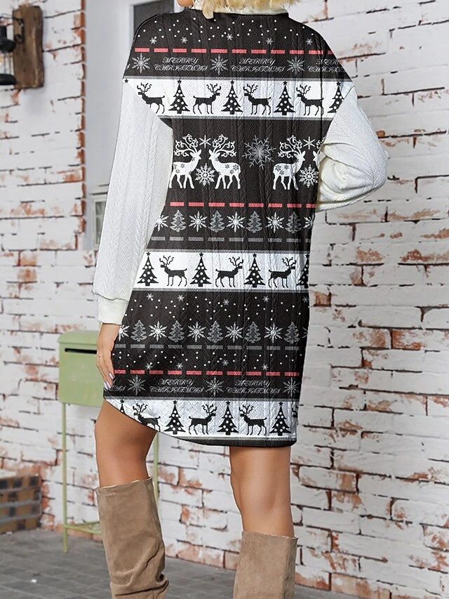 Women's Sweater Dress Christmas Sweaters Stand Collar Ribbed Knit Polyester Knitted Print Fall Winter Long Christmas Holiday Going Out Daily Stylish Casual Long Sleeve Santa Claus Black White S M L 4 Women's Sweater Dress Christmas Sweaters Stand Collar Ribbed Knit Polyester Knitted Print Fall Winter Long Christmas Holiday Going Out Daily Stylish Casual Long Sleeve Santa Claus Black White S M L - Image 2