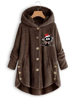 Women‘s Plus Size Christmas Fleece Jacket Teddy Coat Warm Button Pocket Cat Hat Outdoor Xmas Long Sleeve Hooded Regular Winter Fall Black Pink Wine L XL XXL 3XL 4XL -Xmas Cothing Store bvyqhy1667468198565