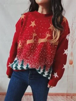 Women's Ugly Christmas Sweater Pullover Sweater Jumper Crew Neck Ribbed Knit Polyester Oversized Fall Winter Regular Outdoor Xmas Daily Stylish Casual Soft Long Sleeve Star Elk Christmas Tree Red -Xmas Cothing Store bwisnk1696823462417