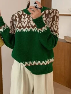 Women's Pullover Sweater Jumper Crew Neck Ribbed Knit Polyester Knitted Print Fall Winter Regular Outdoor Christmas Daily Stylish Casual Soft Long Sleeve Heart Red Blue Green One-Size -Xmas Cothing Store bxheel1697290902656