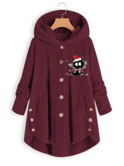 Women‘s Plus Size Christmas Fleece Jacket Teddy Coat Warm Button Pocket Cat Hat Outdoor Xmas Long Sleeve Hooded Regular Winter Fall Black Pink Wine L XL XXL 3XL 4XL -Xmas Cothing Store bzhsuf1667468197052