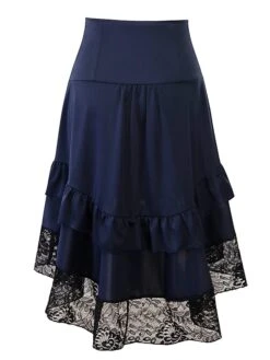 Women's Skirt Asymmetrical Polyester Lace Over Charmeuse Black Red Navy Blue Skirts Winter Ruffle Drawstring Side Button High Waist Steampunk® Retro Gothic Carnival Costumes Ladies Christmas -Xmas Cothing Store bzjuvw1635224749505