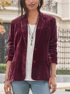 Women's Casual Blazer Velvet Casula Jacket Lapel Collar With Pockets Fall Party Jacket Winter Christmas Regular Fit Warm Stylish Vintage Style Classic Style Jacket Long Sleeve Solid Color Pure Color -Xmas Cothing Store cazuow1642571103136