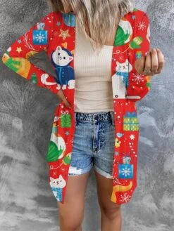Women's Cardigan Sweater Open Front Ribbed Knit Polyester Button Fall Winter Short Christmas Daily Going Out Stylish Casual Soft Long Sleeve Elk Snowman Xmas Tree Blue Snowman Red Cat Black -Xmas Cothing Store cbikxt1695262432086