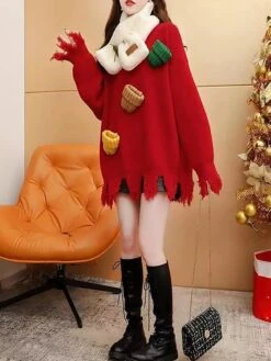 Women's Ugly Christmas Sweater Pullover Sweater Jumper Christmas Sweaters Crew Neck Ribbed Knit Polyester Tassel Knitted Fall Winter Regular Outdoor Christmas Daily Stylish Casual Soft Long Sleeve -Xmas Cothing Store cebmwn1697290901104