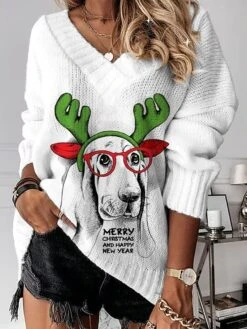 Women's Ugly Christmas Sweater Pullover Sweater Jumper V Neck Ribbed Knit Polyester Print Fall Winter Regular Outdoor Xmas Holiday Stylish Casual Soft Long Sleeve Animal Christmas Tree Print Red