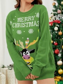 Women's Ugly Christmas Sweater Sweater Dress Christmas Sweaters Crew Neck Ribbed Knit Polyester Knitted Print Fall Winter Long Outdoor Xmas Holiday Daily Stylish Casual Long Sleeve Santa Claus -Xmas Cothing Store cerglt1697290878066